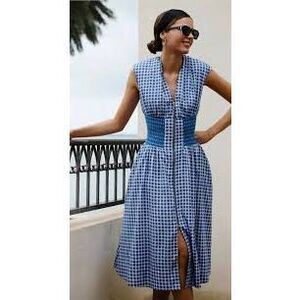 🔥NWT BY ANTHROPOLOGIE blue motif Tommie Cap-Sleeve Smocked Front-Zip Midi Dress